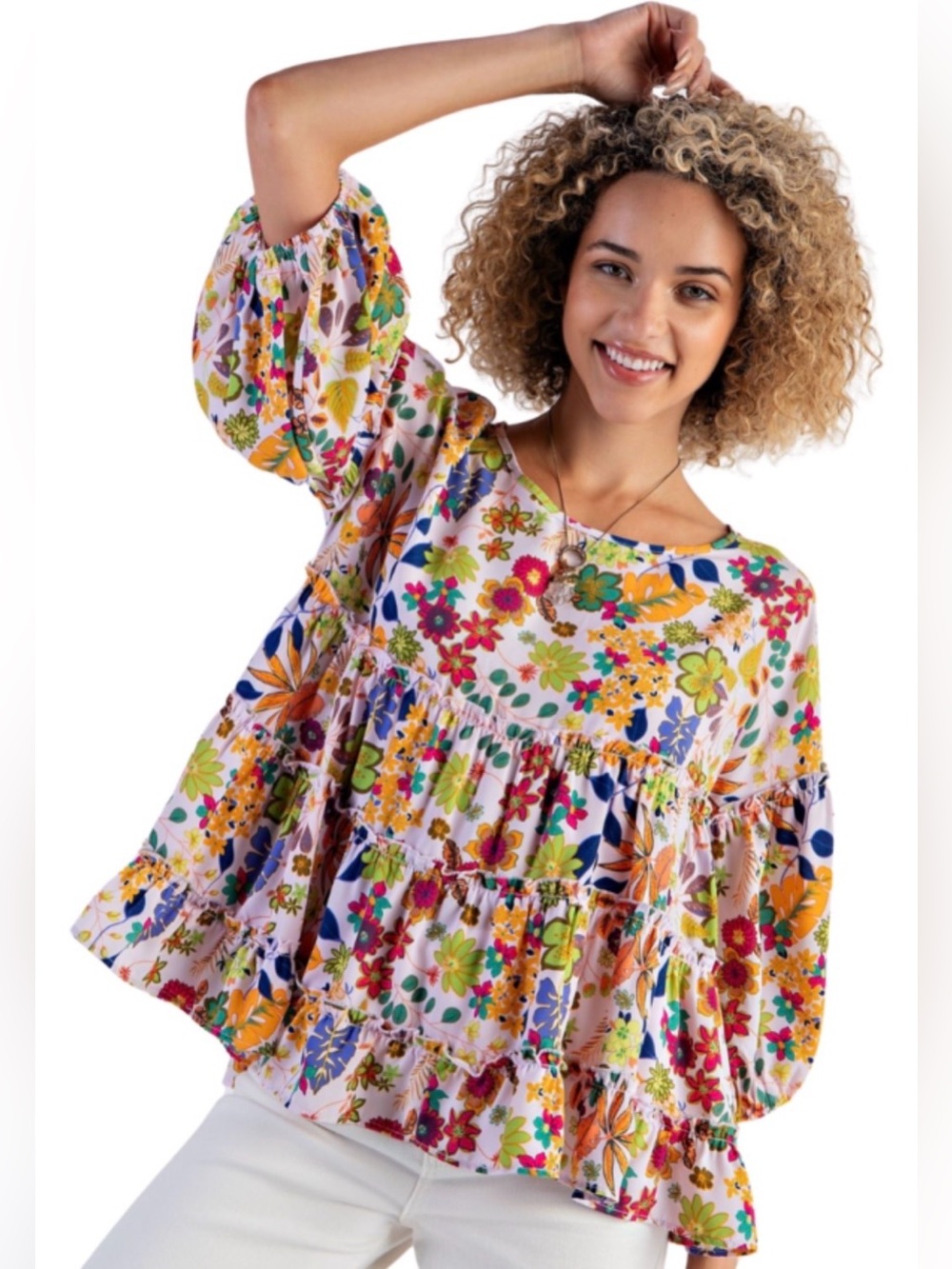 Ladies Easel Babydoll Blouse Tiered Ruffles 3/4 Length Sleeves Multi Floral NWT